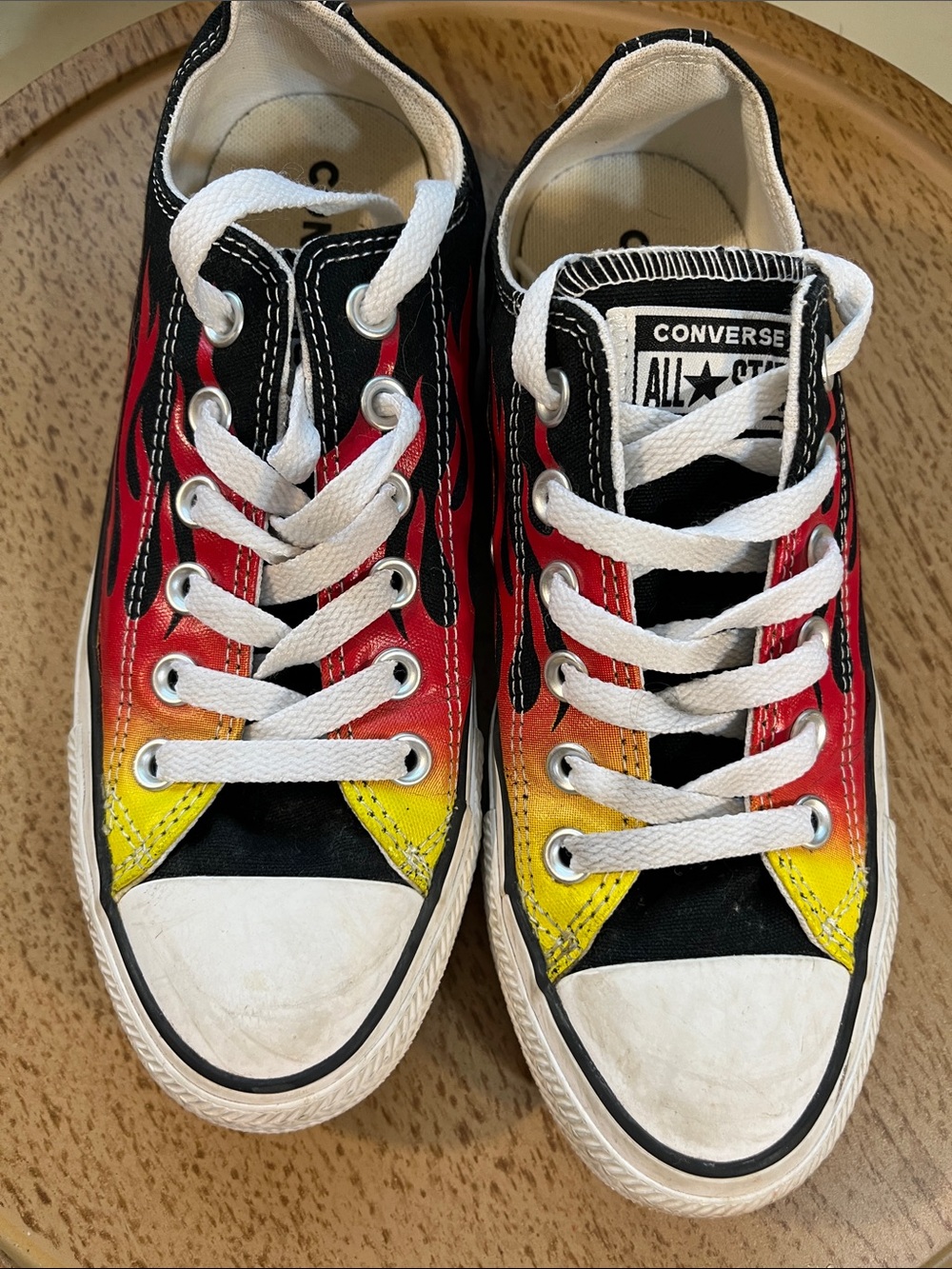 Converse Low Top Sneakers in Red, Yellow & Black Flame Design